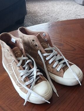 Canvas High-Top Sneakers in Brown with White Soles